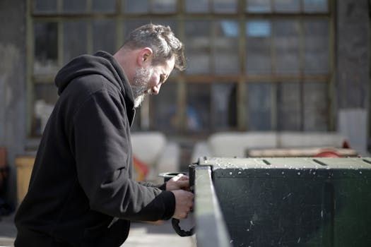 Person in a black hoodie working at a machine in a workshop with large windows.
