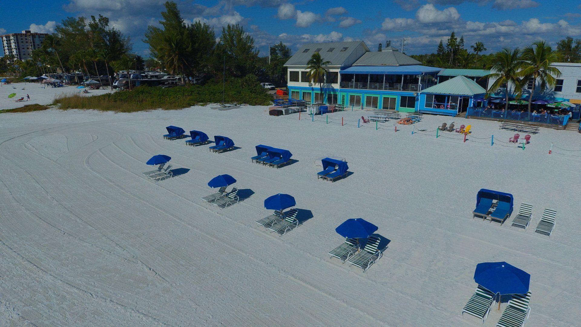 Top view of cabana on the beach shore