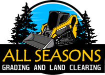 Holiday-themed logo: Yellow skid steer, Santa, reindeer, Christmas tree, gifts.