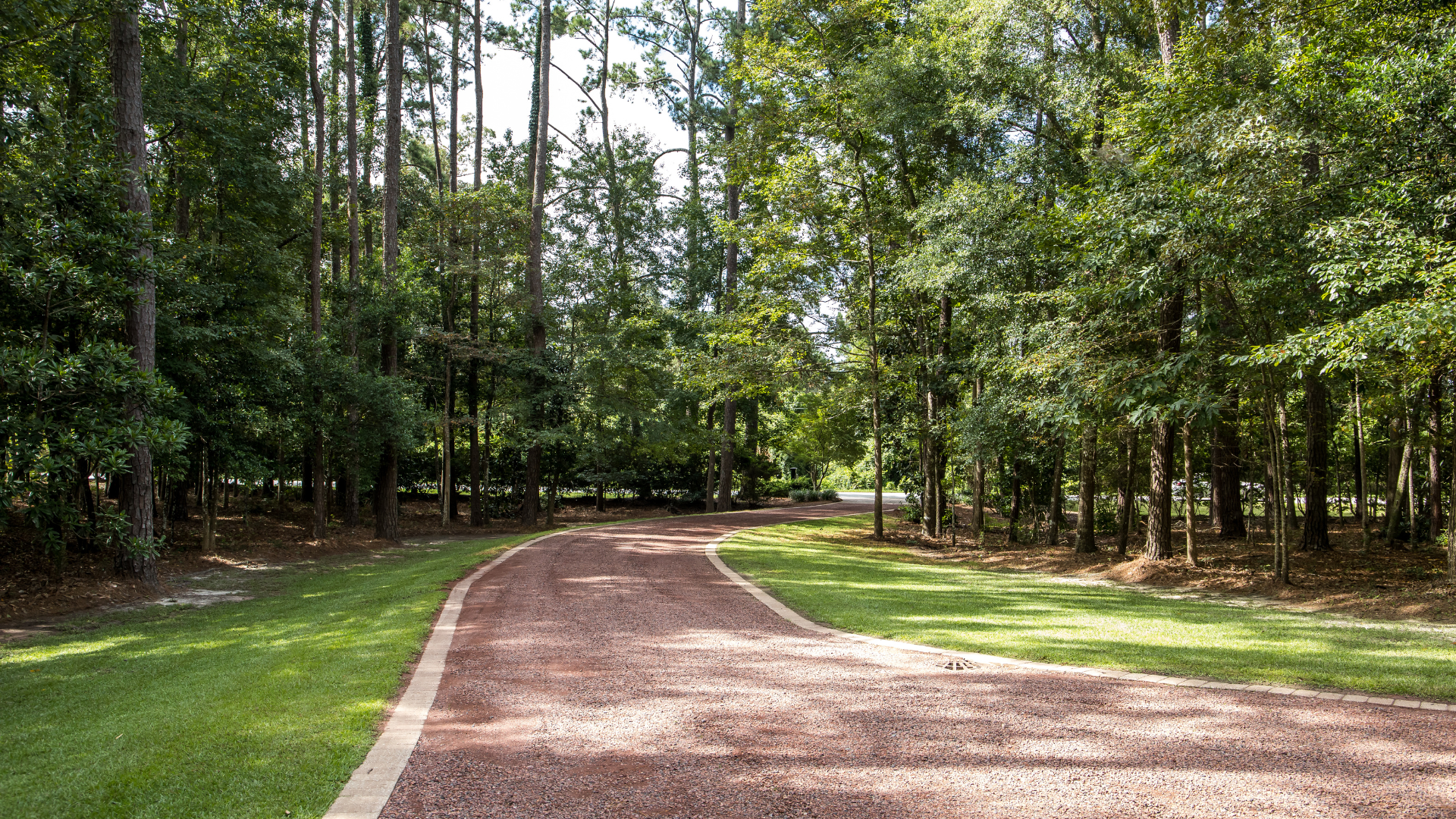 A long, gravel driveway lined with green grass and trees.