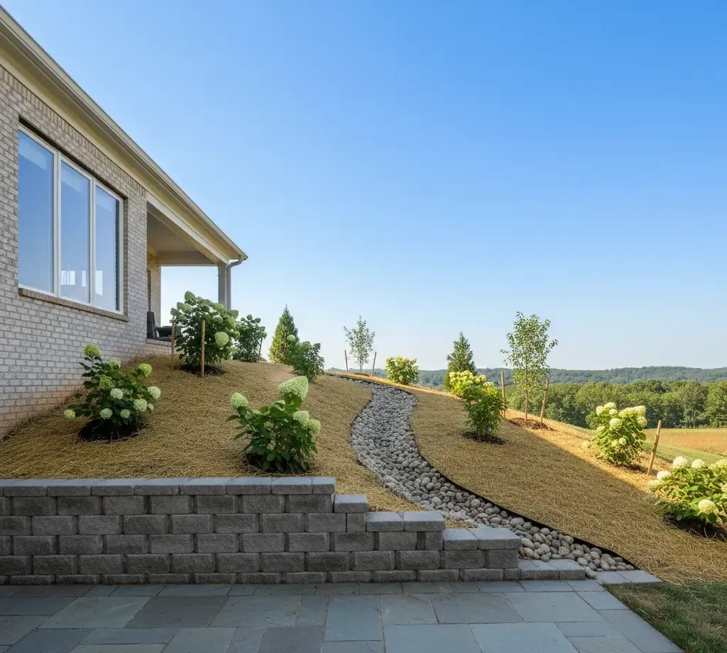 Stone wall supports a landscaped hillside with shrubs, leading to a distant view of trees and fields.