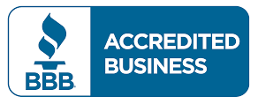 BBB Accredited Business logo, blue and white, with a stylized torch.