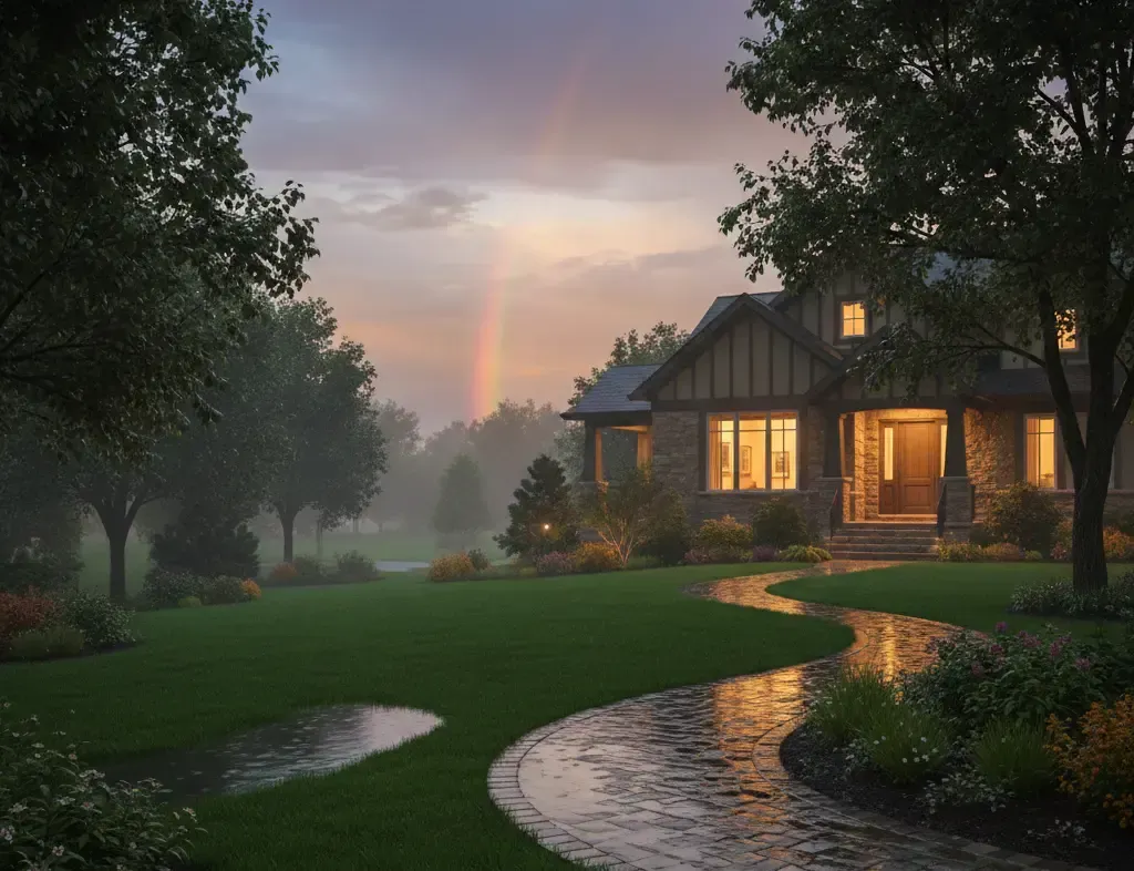 Stone house at dusk with a rainbow, a winding path, and a lush green lawn, reflecting the light.