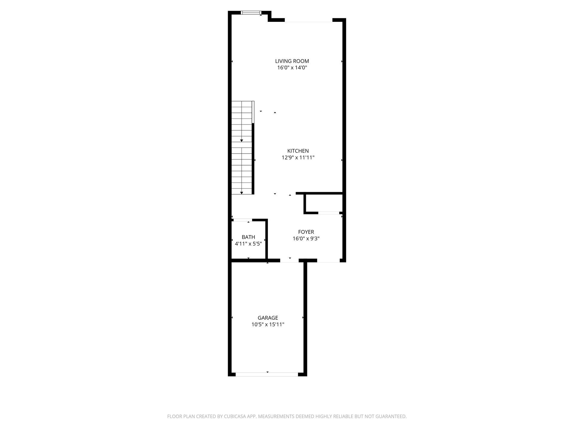 Simple black-and-white floor plan with rooms, hallway, and stairs shown in a vertical layout