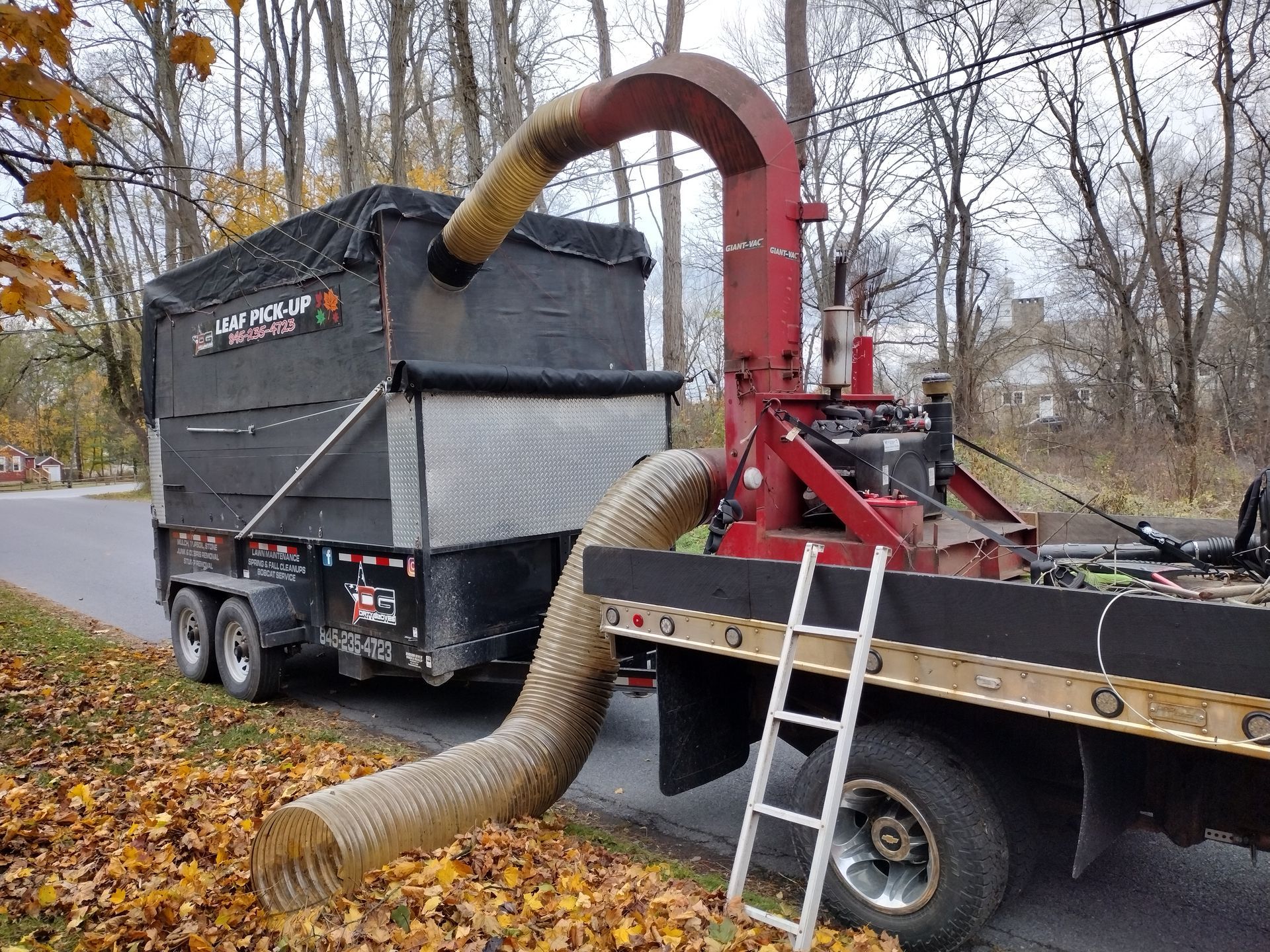 Leaf vacuum machine with trailer on a road collecting fallen leaves.