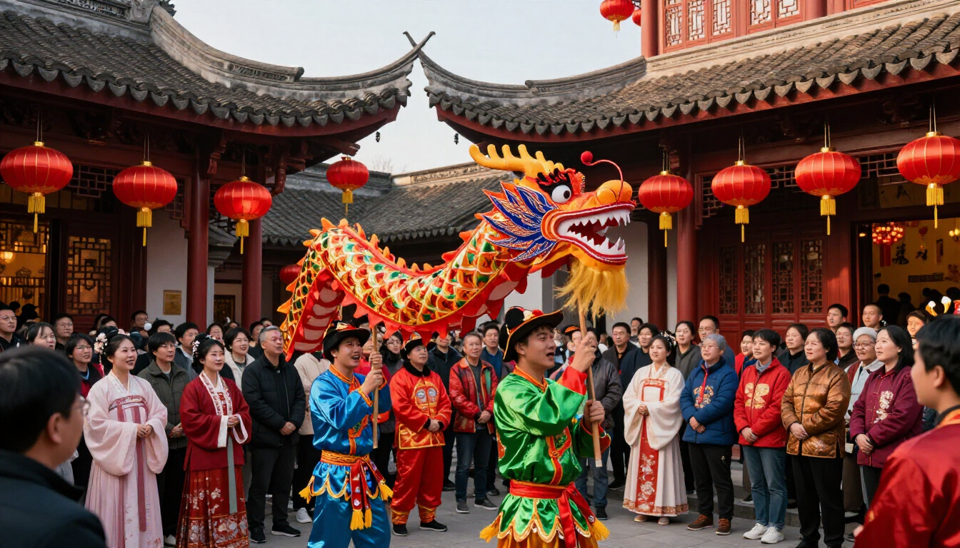 Vibrant Chinese festival celebration with lanterns and traditional architecture