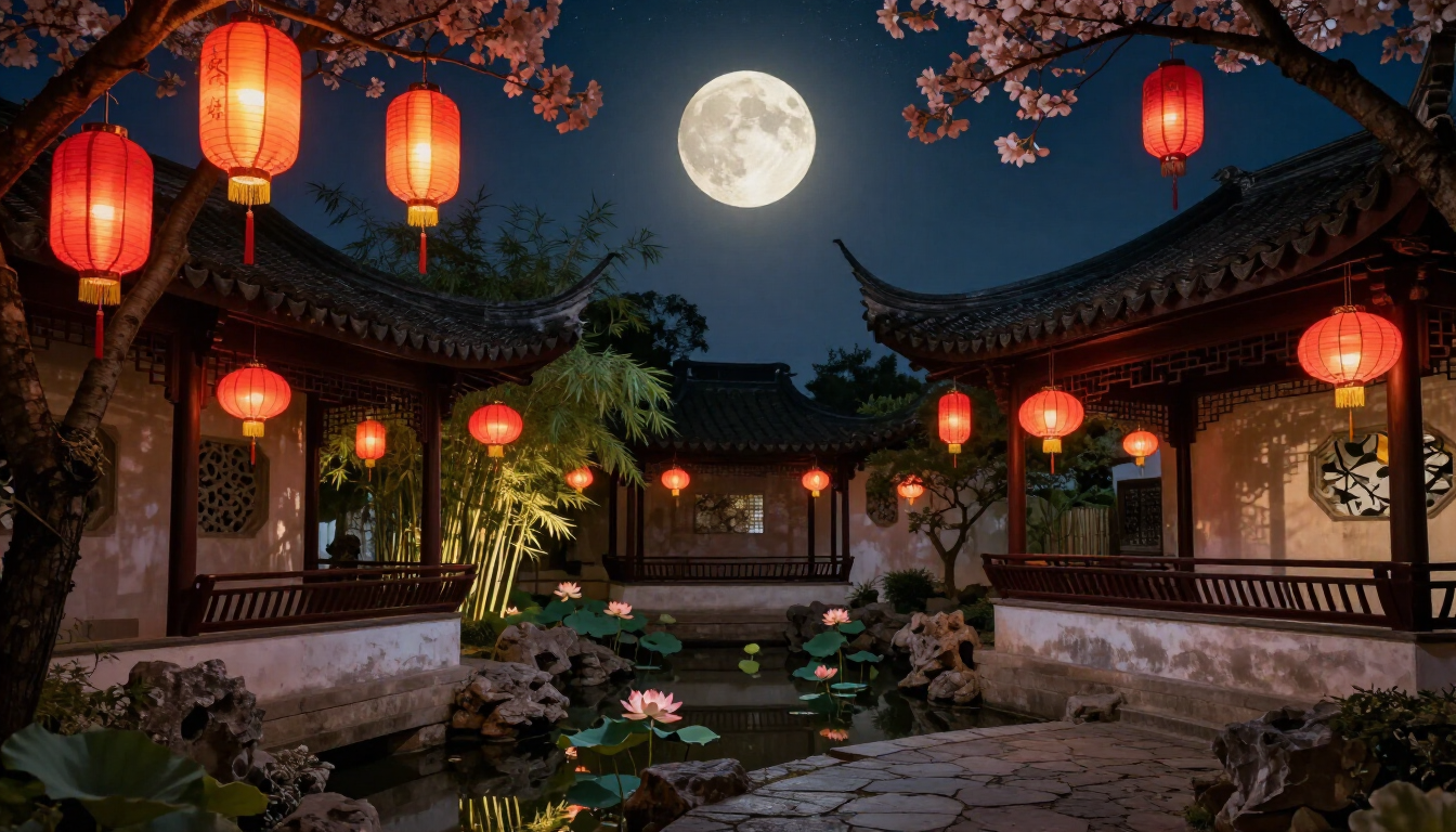Mid-Autumn lanterns in a garden