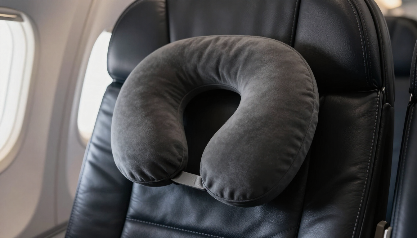 Wander Pillow wrap-around travel pillow on an airplane seat