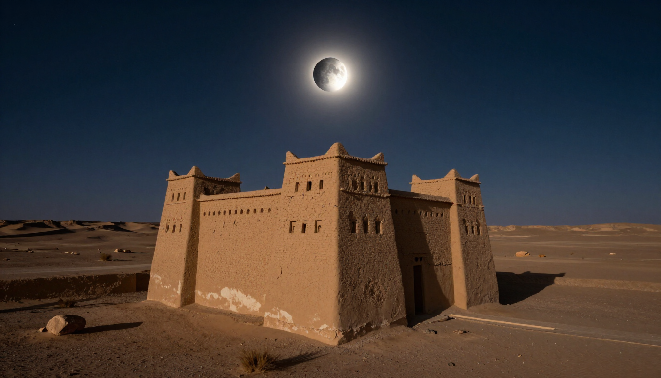 Total solar eclipse over Siwa Oasis desert landscape