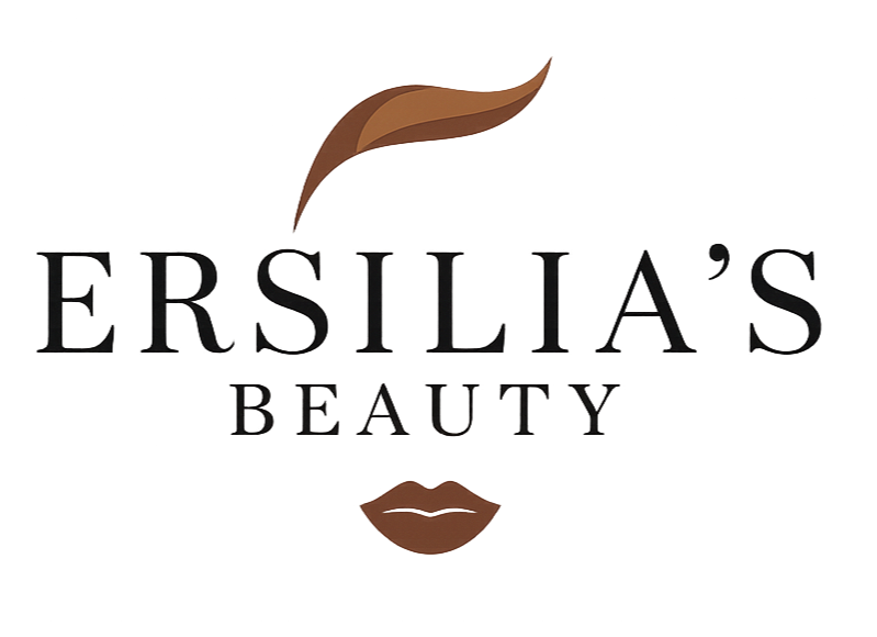 Het logo van Ersilia's Beauty met een bruine haarlok en lippen op een witte achtergrond.