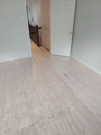 A room with a wooden floor and a door.
