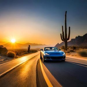 A blue sports car is driving down a desert road at sunset.