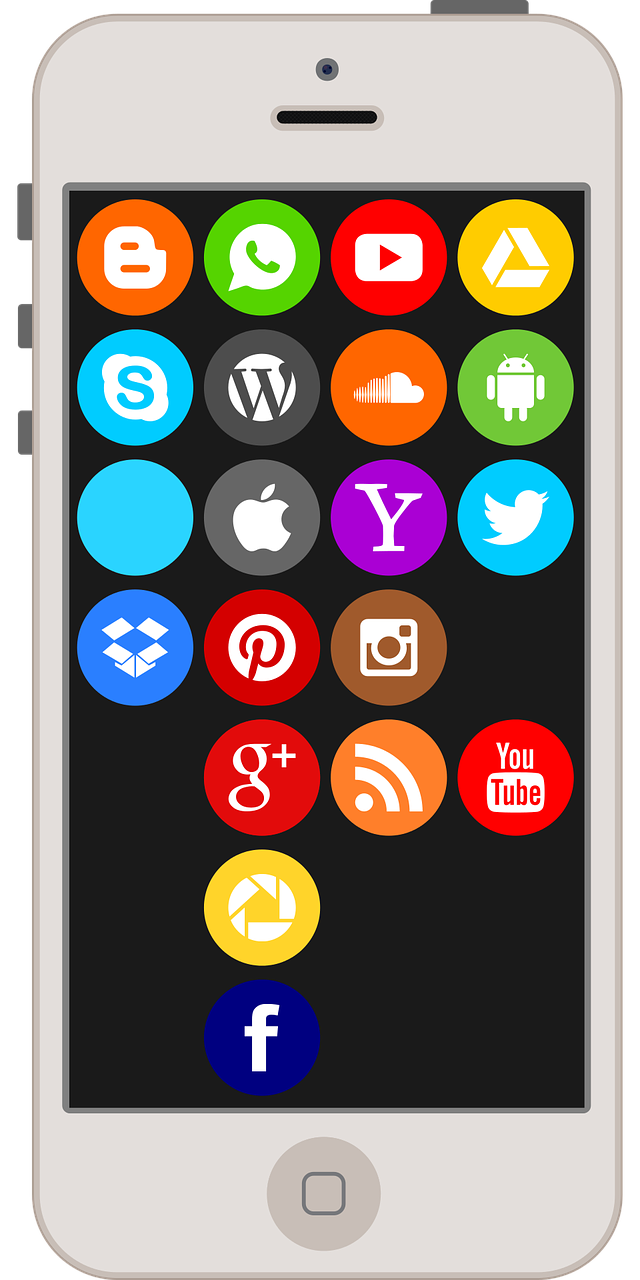 A cell phone with a bunch of social media icons on it