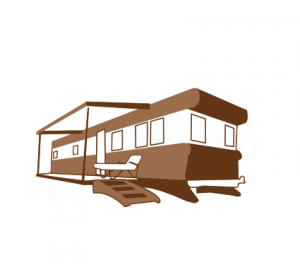 A brown and white rv with stairs leading up to it