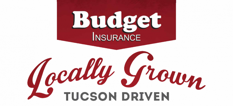 The logo for budget insurance is red and white and says locally grown tucson driven.