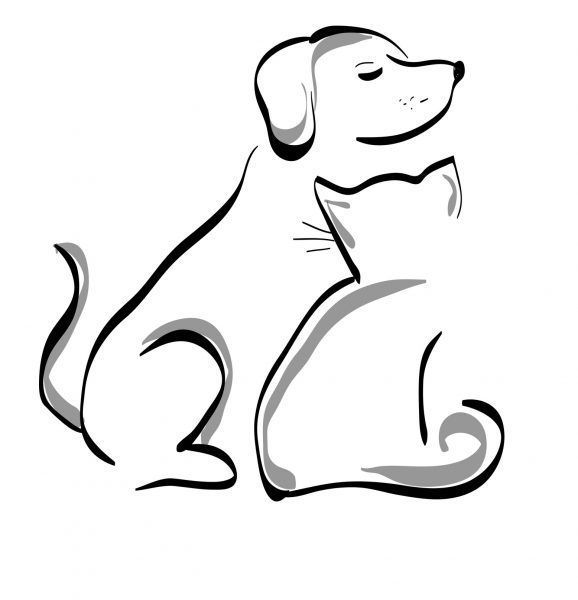 A black and white drawing of a dog and a cat hugging each other.
