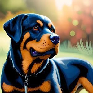 A black and brown dog with a collar is sitting in the grass.