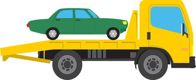A yellow tow truck with a green car on top of it.