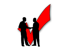Two men shaking hands in front of a red check mark