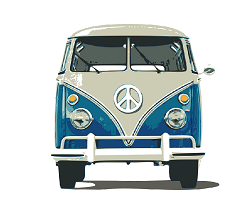 A blue and white van with a peace sign on the front.