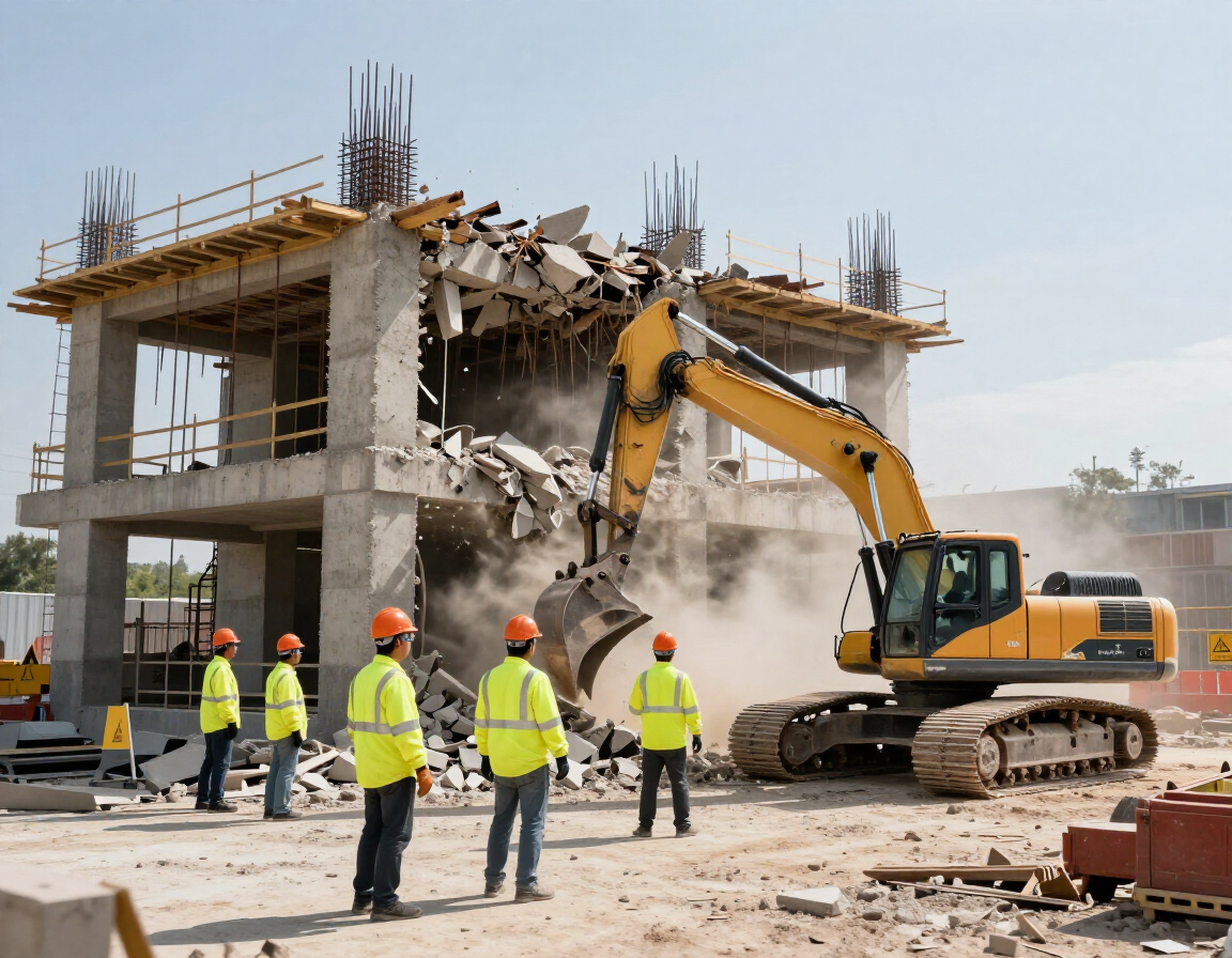 Un equipo de construcción observa cómo una excavadora demuele un edificio de hormigón.