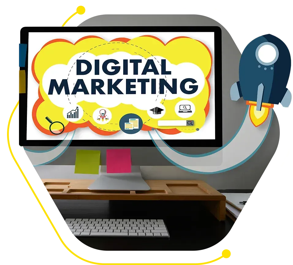 a computer monitor displays a speech bubble that says digital marketing