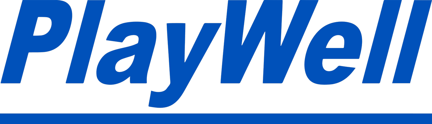 PlayWell logo in blue italic text on a white background