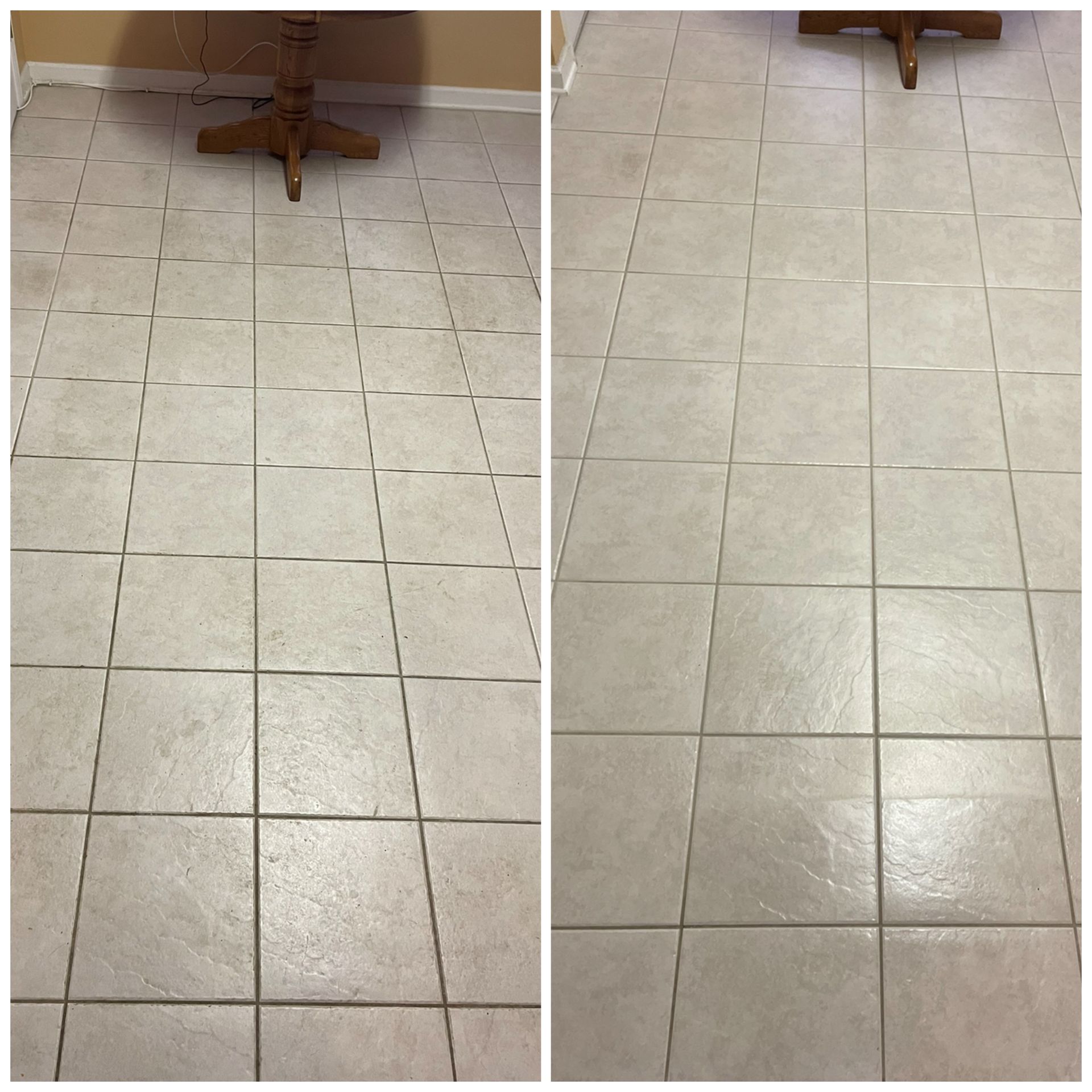 Before and after comparison of a tiled floor; left side is dirty, right side is clean.