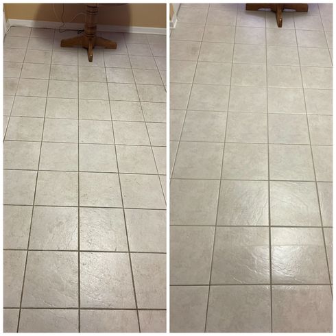 Two images of tile floor; before and after cleaning. The grout lines are much cleaner in the 