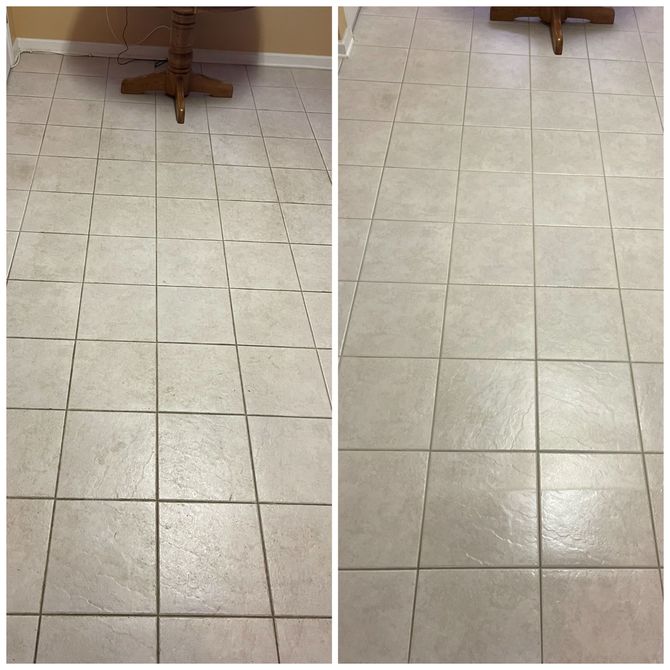 Before and after shots of tiled floor. The