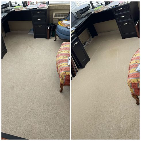 Two images of beige carpet with black desk, chair, and cabinet in an office setting.