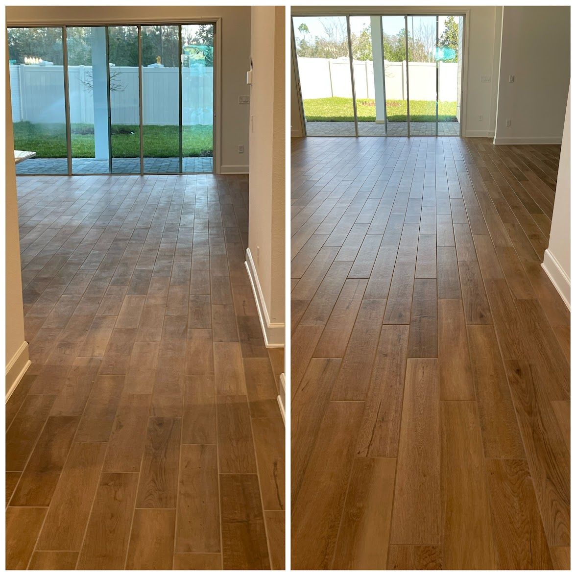 Two photos showing a wood-look tile floor before and after a cleaning, in a room with a glass door.
