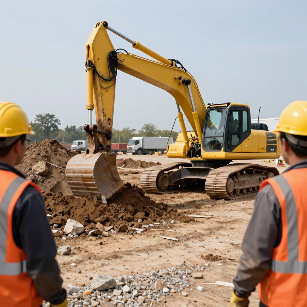 Two construction workers watch a yellow excavator digging dirt at a building site