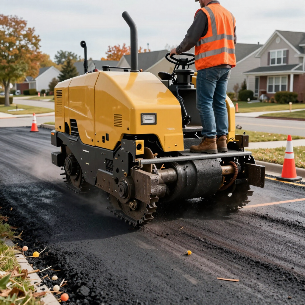Worker operating a yellow road paver repairing a street, with orange cones and wet asphalt