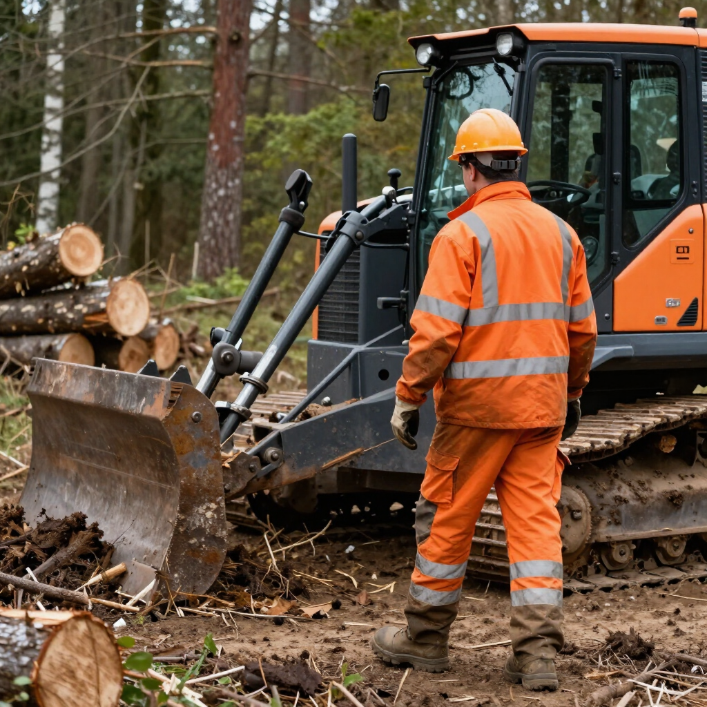 Worker in orange gear stands beside a bulldozer clearing a muddy forest logging site.