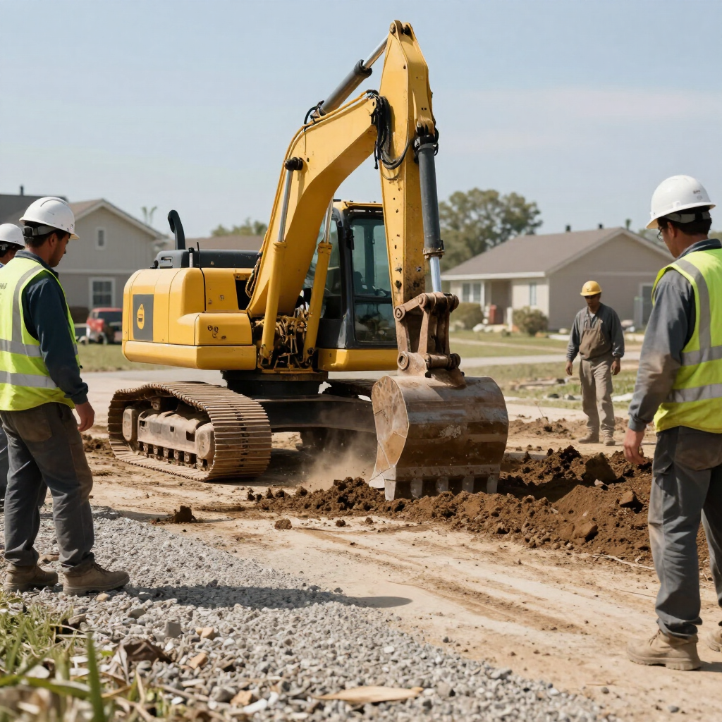 Construction workers standing near a yellow excavator digging dirt on a road site