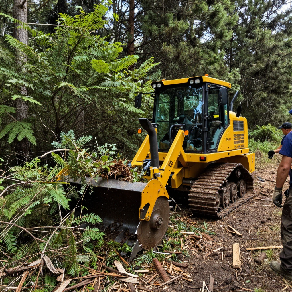 Yellow bulldozer clearing brush on a forest trail beside a person in dark clothing