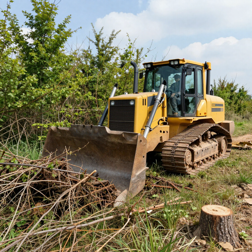 Yellow bulldozer pushing brush and branches in a wooded clearing under a blue sky