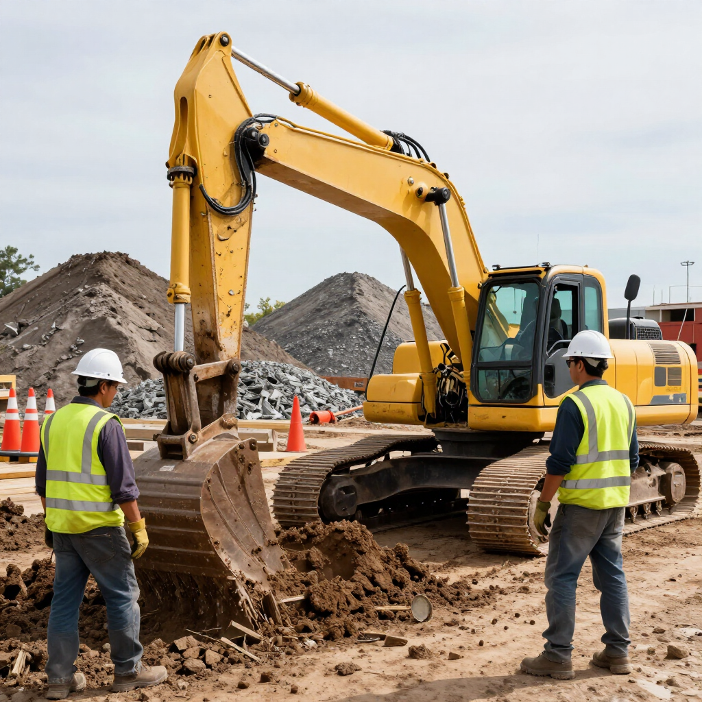 Two workers in safety vests watch a yellow excavator digging dirt at a construction site.