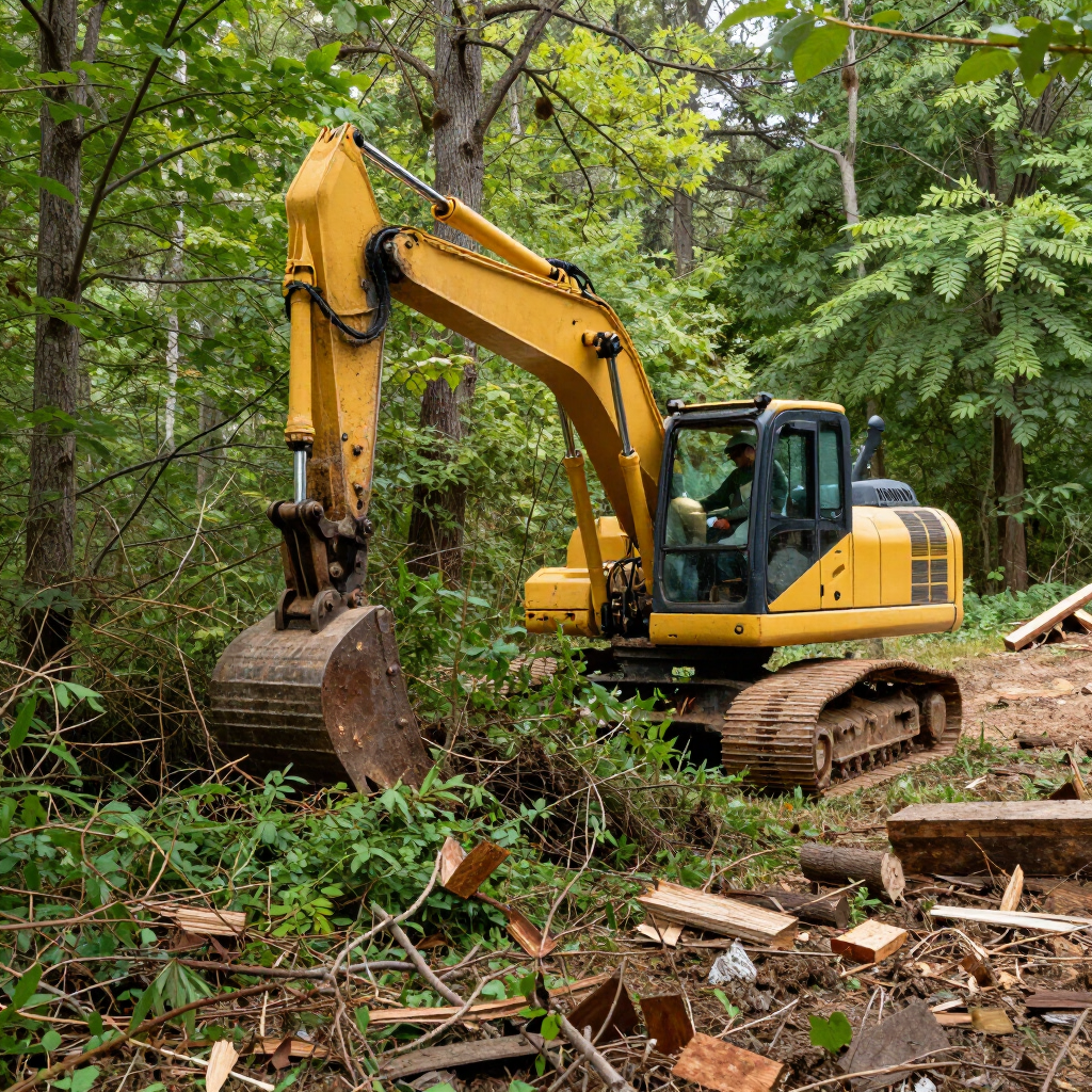 Yellow excavator clearing brush and logs in a wooded area