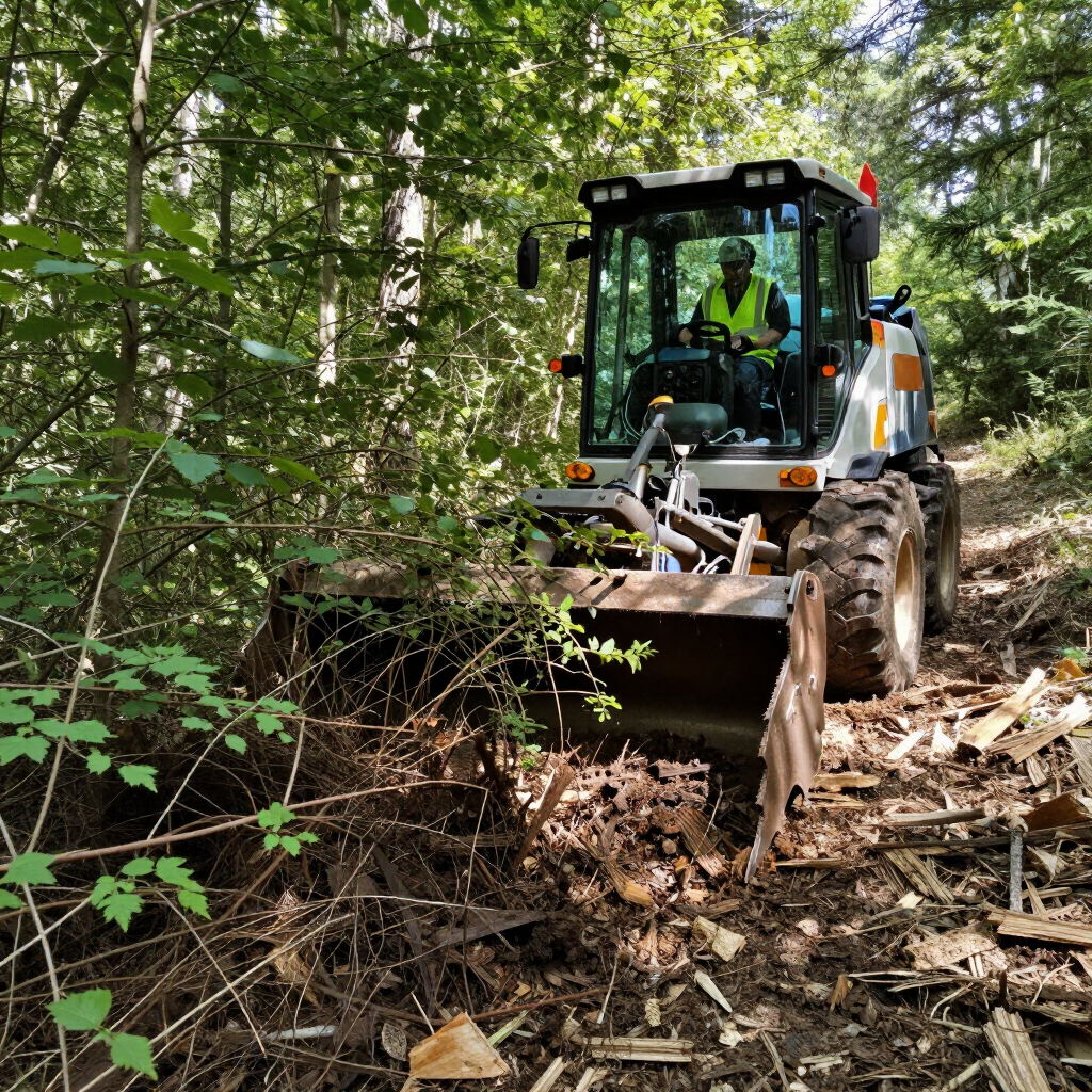 Bulldozer clearing a wooded dirt path, with a worker visible in the cab