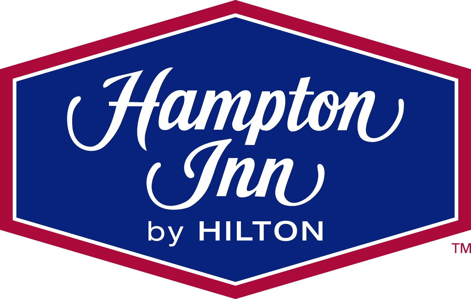 Hampton Inn logo: white script text on a blue polygon, outlined in red, with