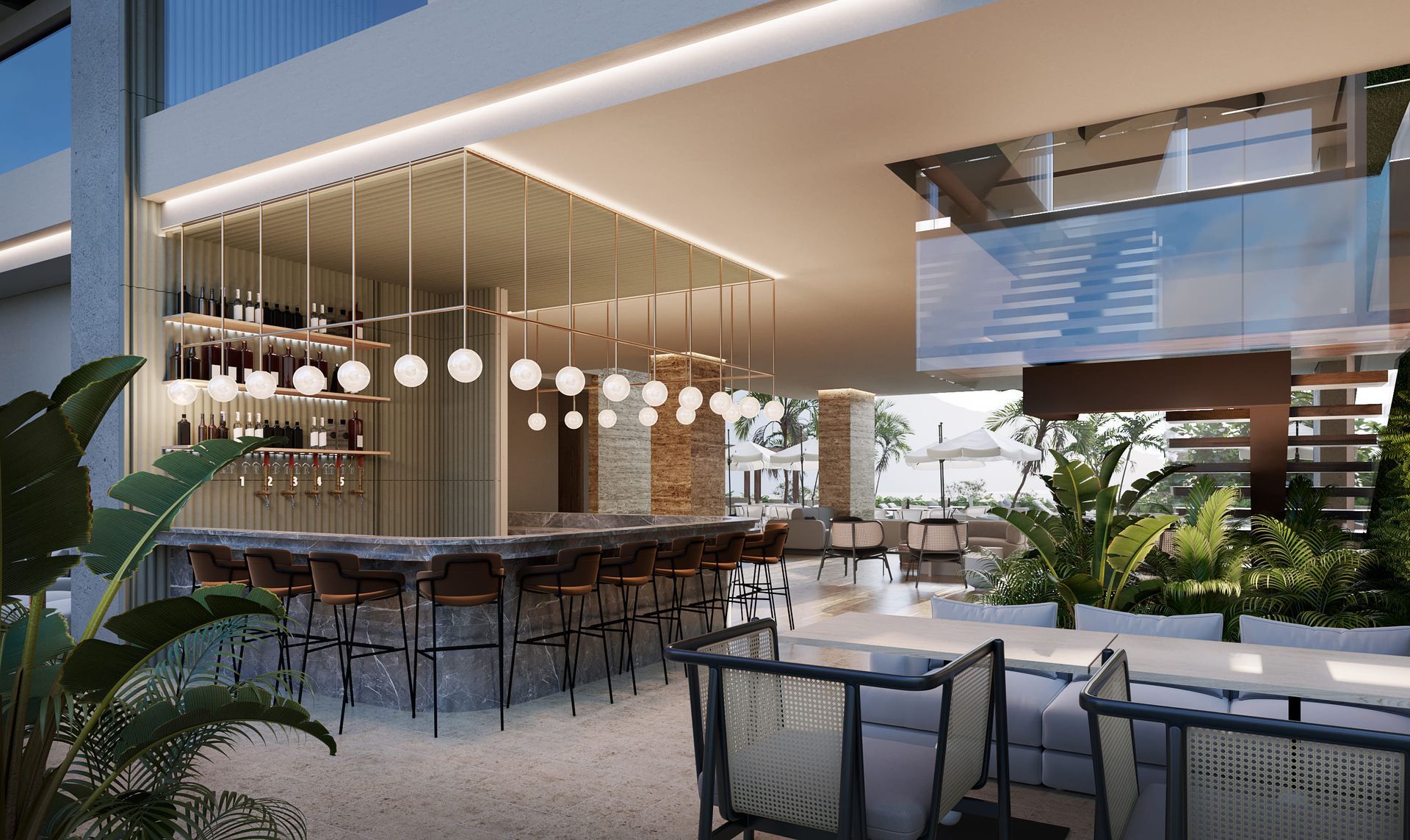 Hotel near the beach in Santa Marta with bar, chairs, tables and modern atmosphere at Nuruma Suites