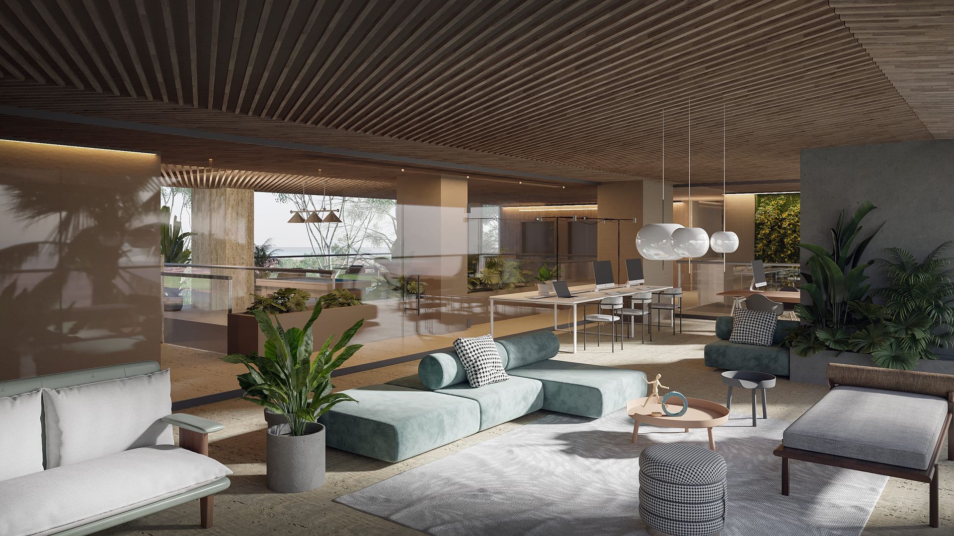 Apartamentos de lujo en Santa Marta con sala, comedor, ventanales y diseño moderno en Nuruma Suites.