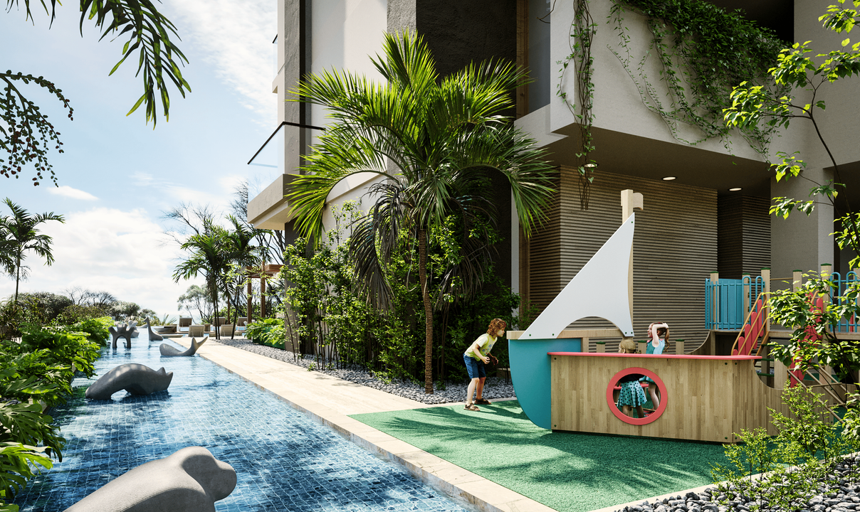 Hotel Bello Horizonte Santa Marta con parque infantil, piscina cercana, vegetación y zona de juegos