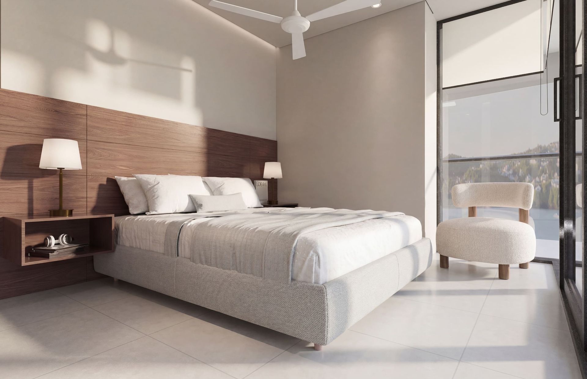 Habitación en hotel Bello Horizonte Santa Marta con cama king, cabecero de madera, sillón y ventanal