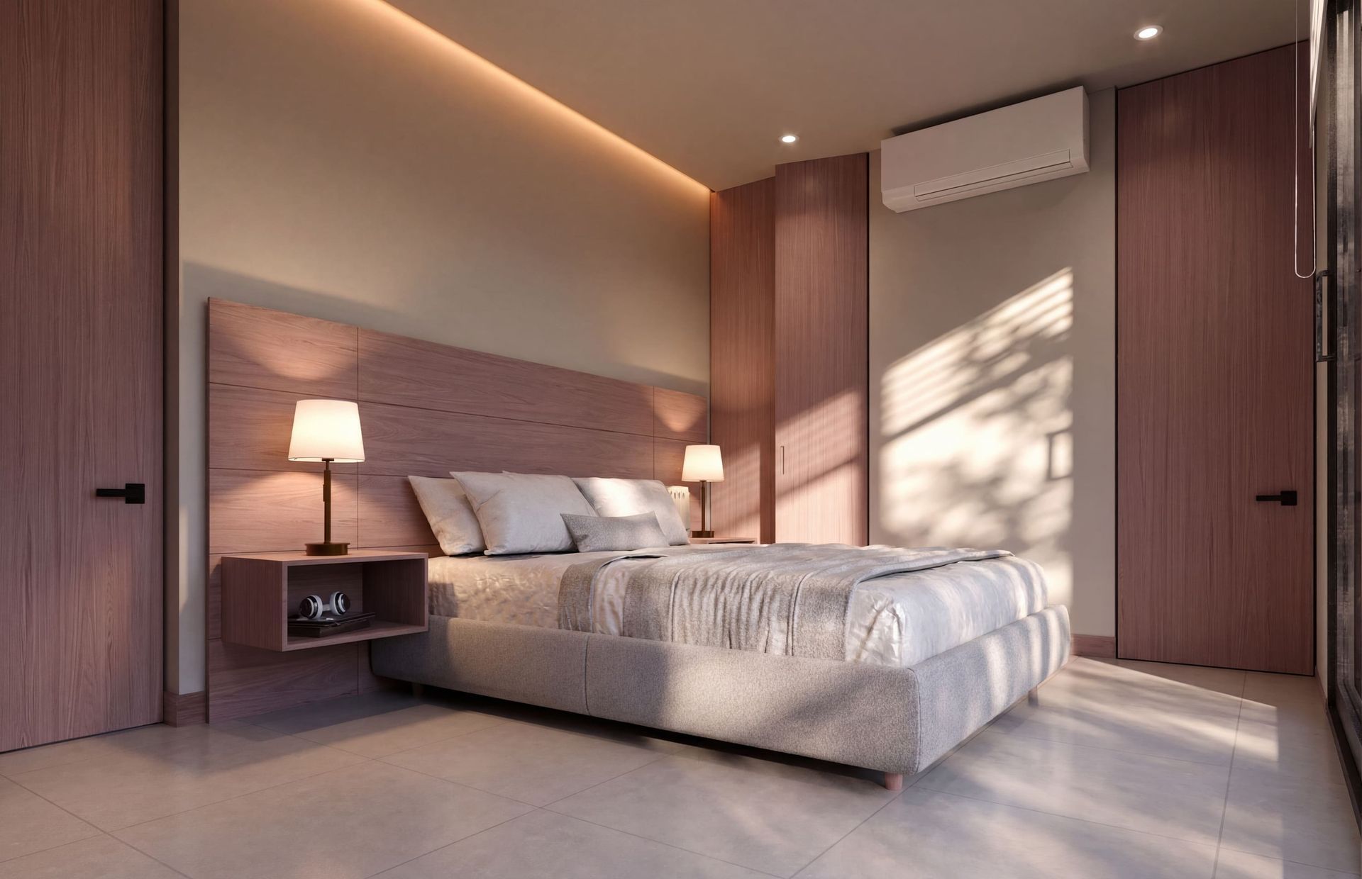 Habitación de Nuruma hotel en Bello Horizonte Santa Marta con cama king, cabecero de madera, lámpara y clóset