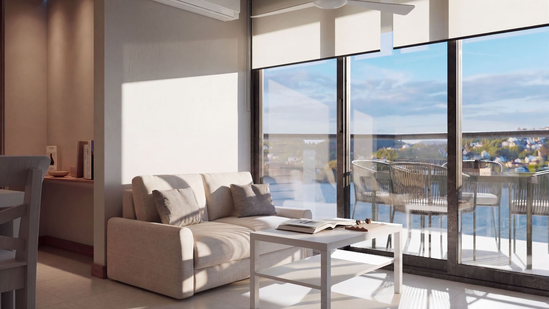 Hospedaje en Bello Horizonte Santa Marta con sala, sofá y balcón con vista al exterior en Nuruma Suites.