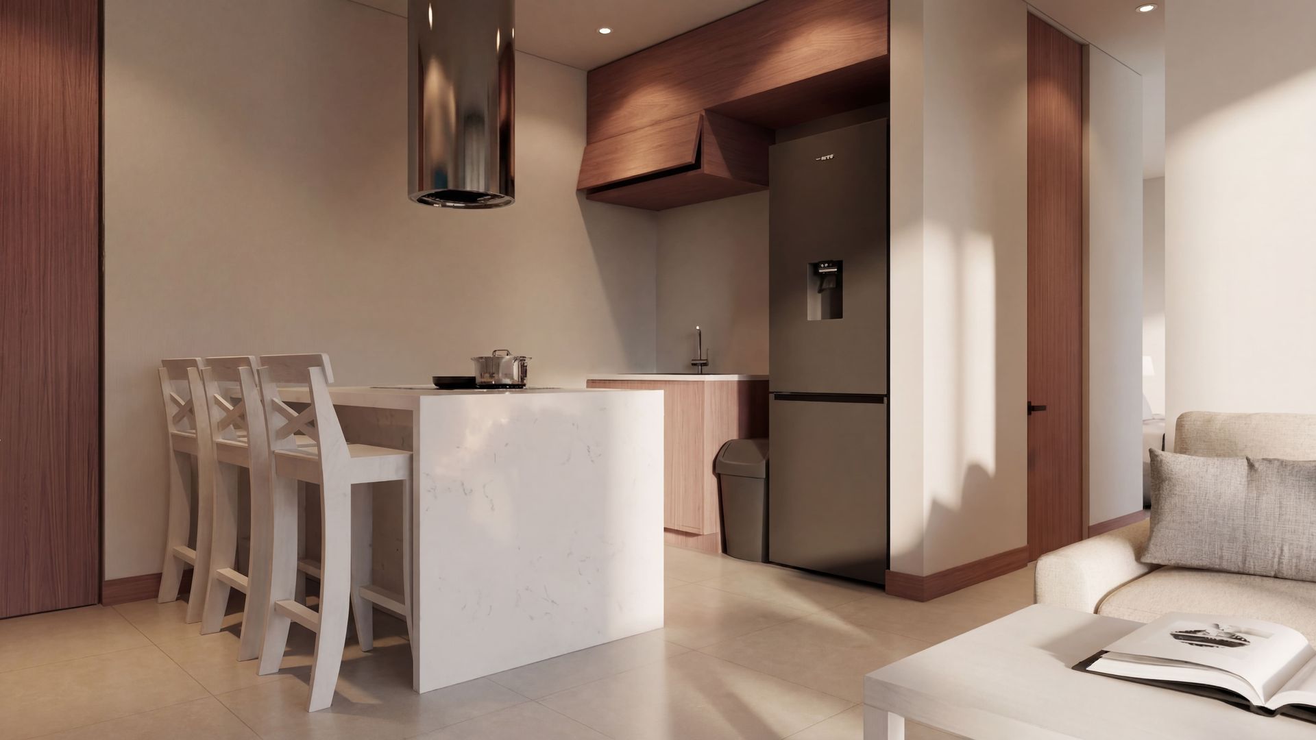 Apartasuite en Santa Marta con cocina, nevera, barra y sala integrada en Nuruma Suites by Emerawa