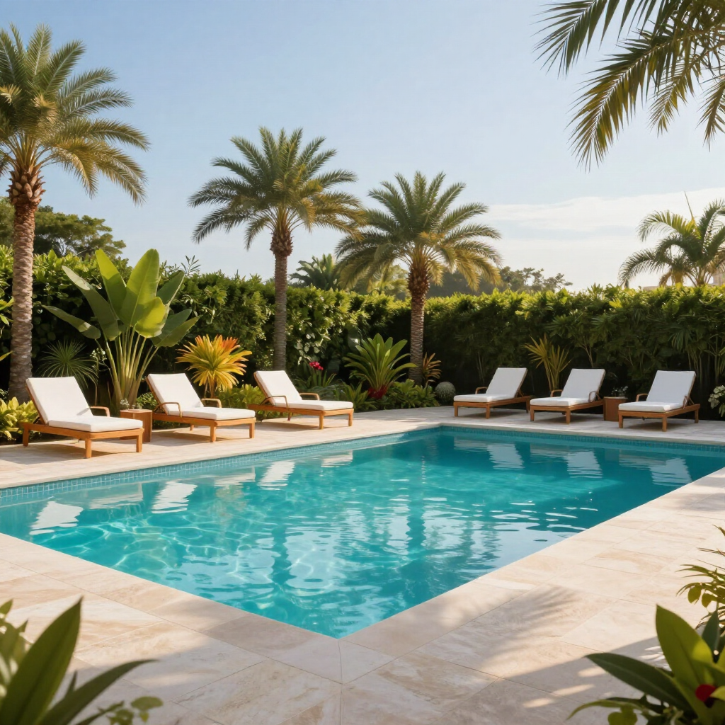 Hotel con piscina en Santa Marta con asoleadoras, palmeras y zonas de descanso en Nuruma Suites